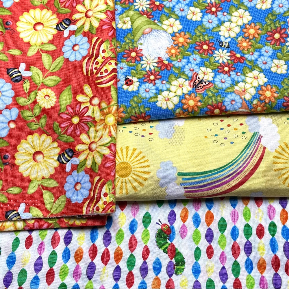 Kids Fabric 5-1/2 Yd Mix, Hungry Caterpillar, Gnomes, Rainbows, Quilt Cotton